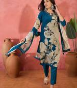 Women's teal blue & beige floral printed kurta with trousers & dupatta