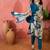 Women's teal blue & beige floral printed kurta with trousers & dupatta
