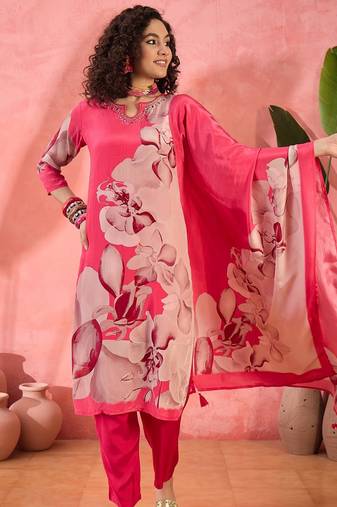Women's pink floral printed kurta with trousers & dupatta