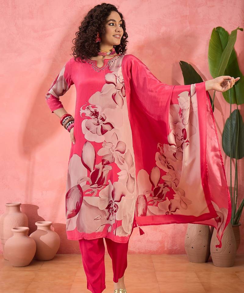 Women's pink floral printed kurta with trousers & dupatta
