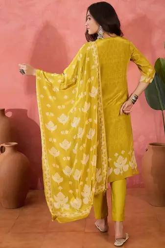Women's mustard & cream geometric printed kurta with trousers & dupatta