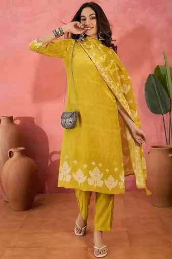 Women's mustard & cream geometric printed kurta with trousers & dupatta