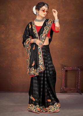 Black embroidered rimzhim patta saree with banglori silk blend blouse 1