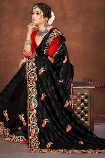 Black color embroidered rimzhim patta saree with banglori silk blend blouse