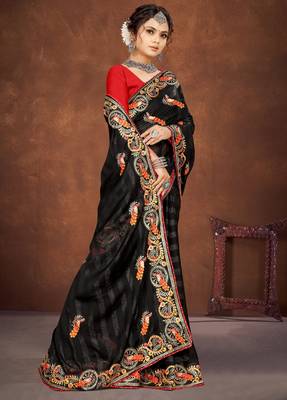 Black embroidered rimzhim patta saree with banglori silk blend blouse 4