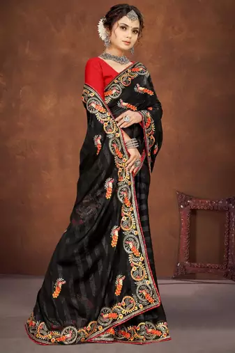 Black color embroidered rimzhim patta saree with banglori silk blend blouse