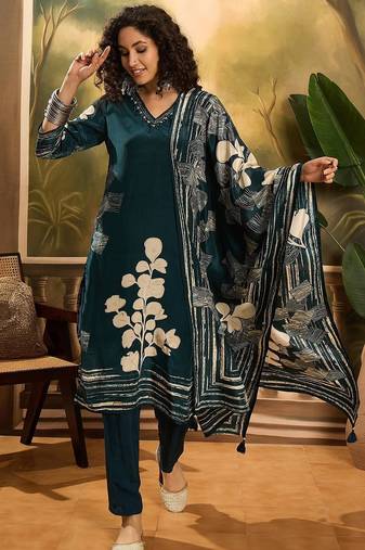 Women's teal green & beige floral printed kurta with trousers & dupatta