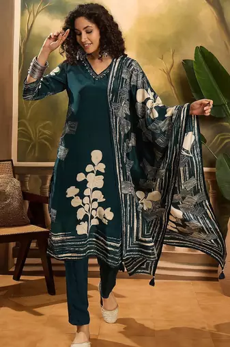 Women's teal green & beige floral printed kurta with trousers & dupatta
