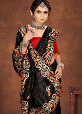 Black embroidered rimzhim patta saree with banglori silk blend blouse 5
