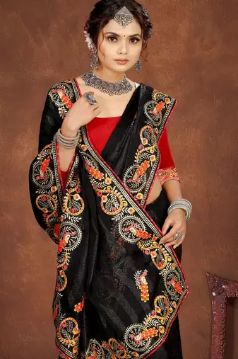 Black color embroidered rimzhim patta saree with banglori silk blend blouse