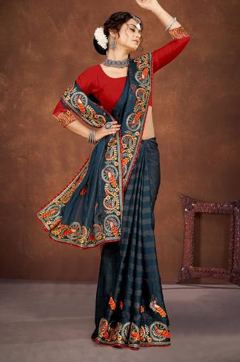 Blue color embroidered rimzhim patta saree with banglori silk blouse