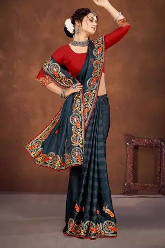 Blue color embroidered rimzhim patta saree with banglori silk blouse