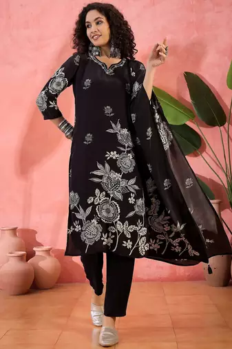 Women's black & white floral printed kurta with trousers & dupatta