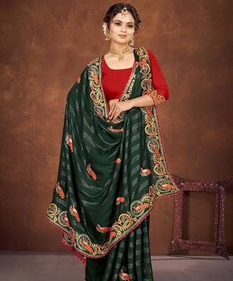 Green color embroidered rimzhim patta saree with banglori silk blend blouse 1
