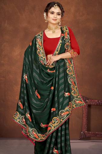 Green color embroidered rimzhim patta saree with banglori silk blouse