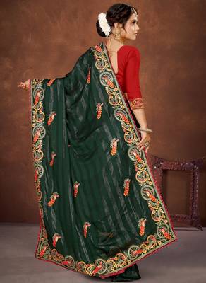 Green color embroidered rimzhim patta saree with banglori silk blend blouse 2