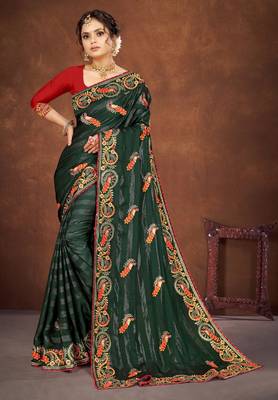 Green color embroidered rimzhim patta saree with banglori silk blend blouse 3