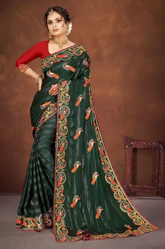 Green color embroidered rimzhim patta saree with banglori silk blend blouse
