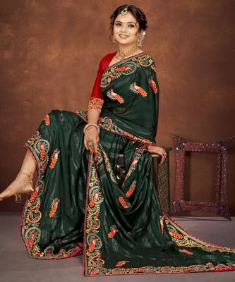 Green color embroidered rimzhim patta saree with banglori silk blend blouse 4