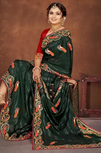 Green color embroidered rimzhim patta saree with banglori silk blend blouse