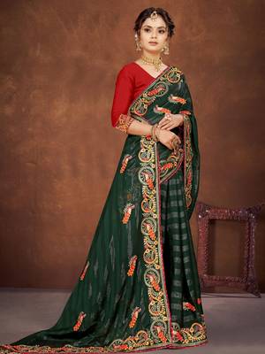 Green color embroidered rimzhim patta saree with banglori silk blend blouse 5