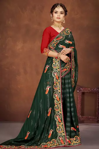 Green color embroidered rimzhim patta saree with banglori silk blend blouse