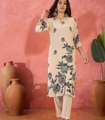 Women's cream & black floral printed kurta with trousers & dupatta