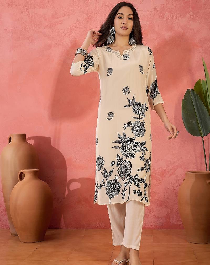 Women's cream & black floral printed kurta with trousers & dupatta