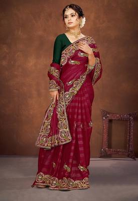 Magenta color embroidered rimzhim patta saree with banglori silk blend blouse 1