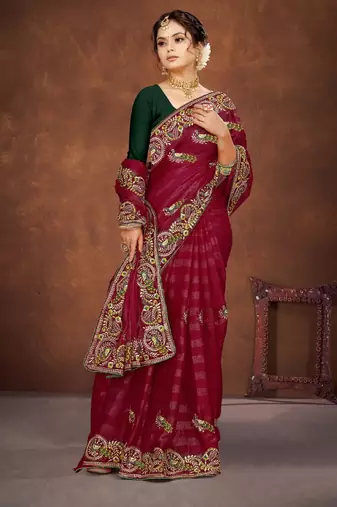 Magenta color embroidered rimzhim patta saree with banglori silk blouse