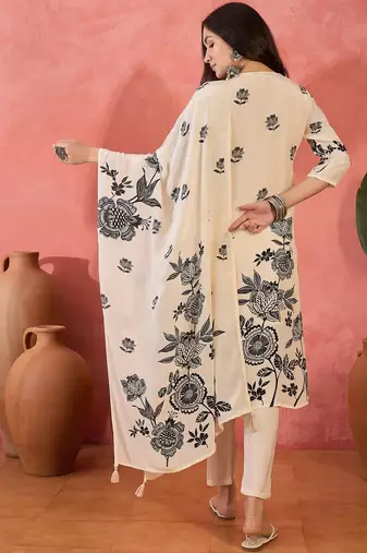 Women's cream & black floral printed kurta with trousers & dupatta