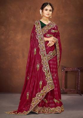 Magenta color embroidered rimzhim patta saree with banglori silk blend blouse 2