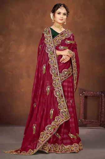 Magenta color embroidered rimzhim patta saree with banglori silk blend blouse