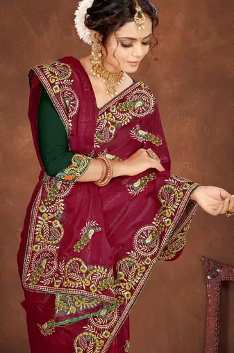 Magenta color embroidered rimzhim patta saree with banglori silk blend blouse