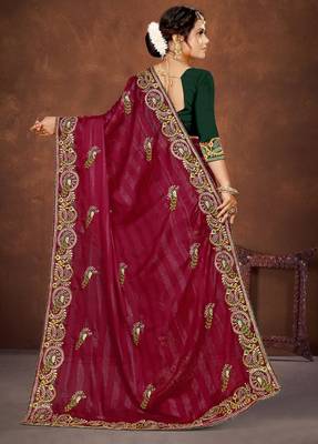 Magenta color embroidered rimzhim patta saree with banglori silk blend blouse 4