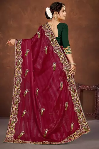 Magenta color embroidered rimzhim patta saree with banglori silk blend blouse