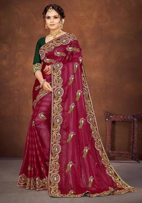 Magenta color embroidered rimzhim patta saree with banglori silk blend blouse 5