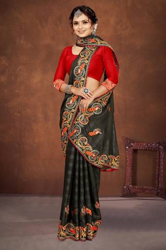 Mehandi color embroidered rimzhim patta saree with banglori silk blouse