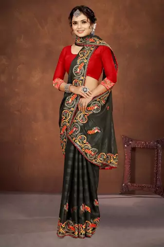 Mehandi color embroidered rimzhim patta saree with banglori silk blouse