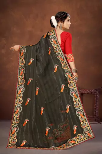 Mehandi color embroidered rimzhim patta saree with banglori silk blend blouse