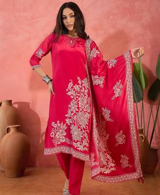 Women's dark rani pink & white floral printed kurta with trousers & dupatta 1