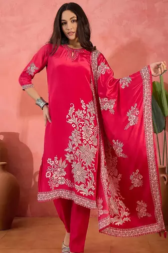 Women's dark rani pink & white floral printed kurta with trousers & dupatta