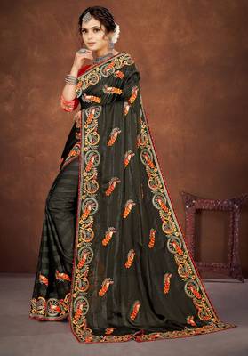 Mehandi color embroidered rimzhim patta saree with banglori silk blend blouse 3