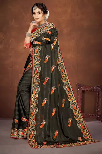 Mehandi color embroidered rimzhim patta saree with banglori silk blend blouse