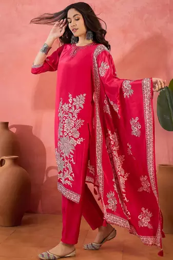 Women's dark rani pink & white floral printed kurta with trousers & dupatta