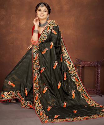 Mehandi color embroidered rimzhim patta saree with banglori silk blend blouse 4