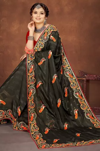 Mehandi color embroidered rimzhim patta saree with banglori silk blend blouse