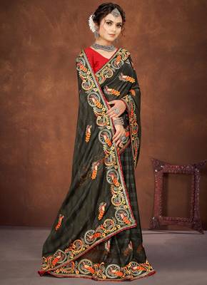 Mehandi color embroidered rimzhim patta saree with banglori silk blend blouse 5