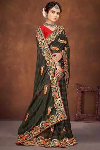 Mehandi color embroidered rimzhim patta saree with banglori silk blend blouse