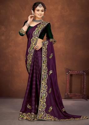 Purple color embroidered rimzhim patta saree with banglori silk blend blouse 1